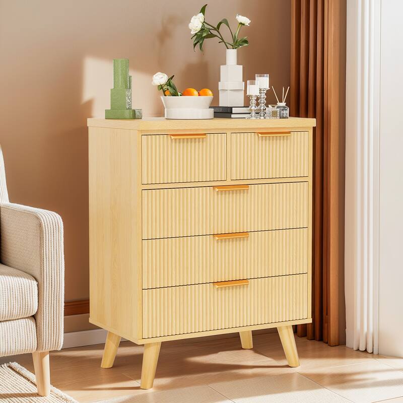 Pocassy Wide Modern Chest of Drawers 5 Drawer Dresser for Bedroom. - Natural