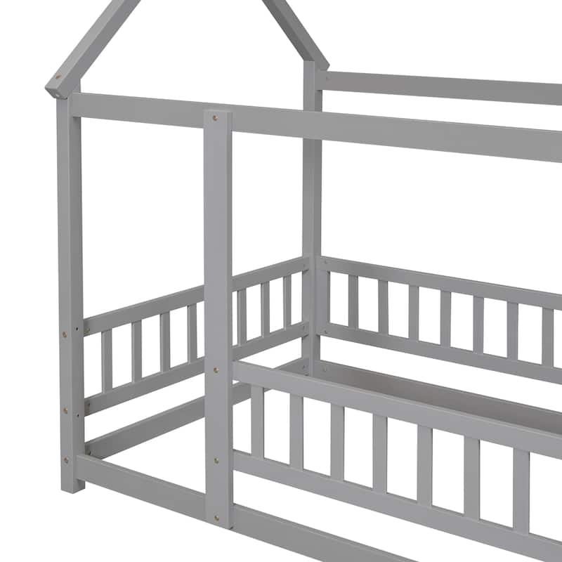 Twin Size Floor Wooden Bed with House Roof Frame