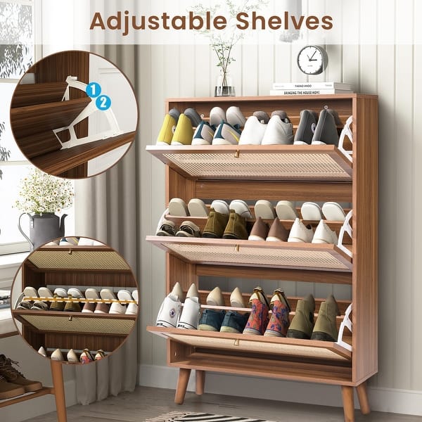 Narrow Shoe Storage Cabinet With 3 Flip Drawers, Farmhouse Flut