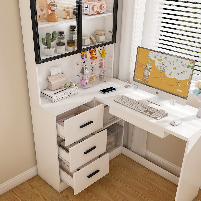 Computer Desk with Glass Cabinets & Built-In LED Lights, Corner L-Shaped Office Desk with USB Charging Ports, Keyboard Tray