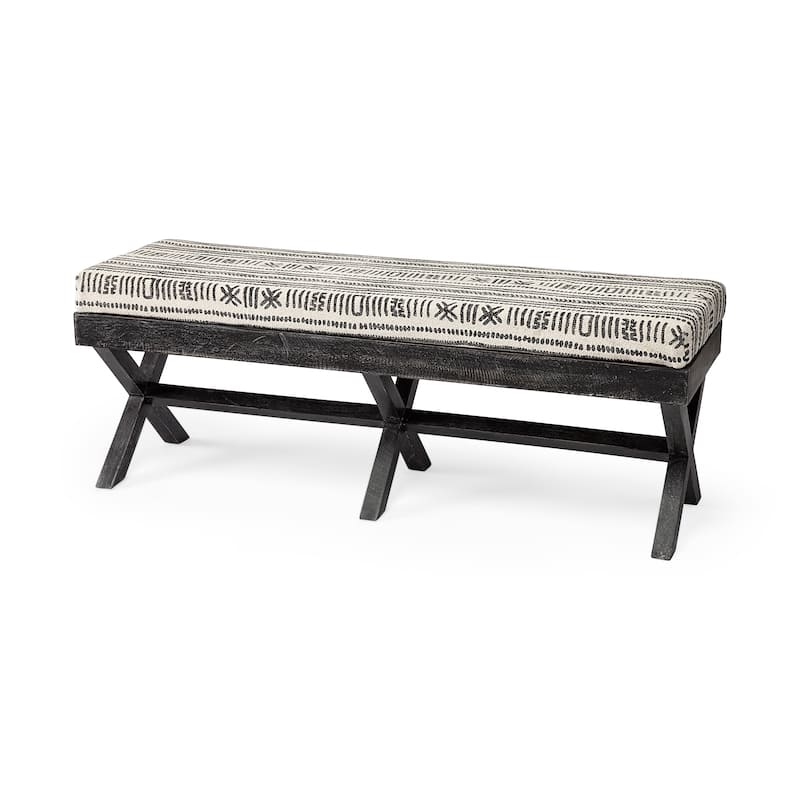 Solis Black & Cream Upholstered Patterned Seat Accent Bench - 50"W x 16"D x 18.5"H - Black and Cream