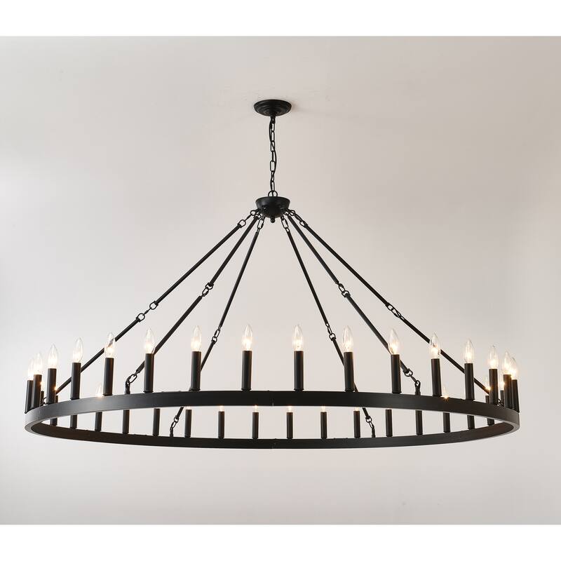 63.8 INCH 36-Light Extra Large Wagon Wheel Chandelier, Black Farmhouse Round Wheel Chandelier Light Fixtures E12