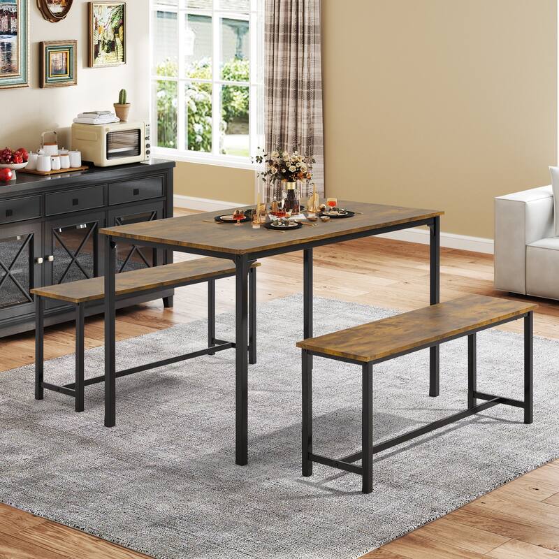 4-6 Person Dining Set with Faux Marble Top, PU Leather Benches and Storage Shelf