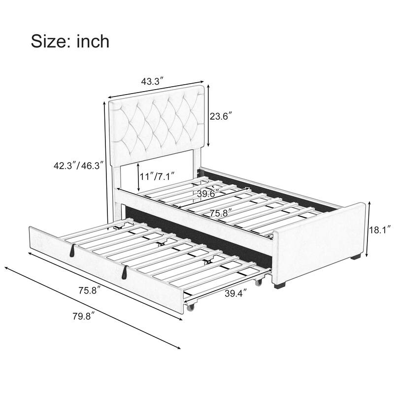 Twin Velvet Fabric Bed w/ Trundle - Beige