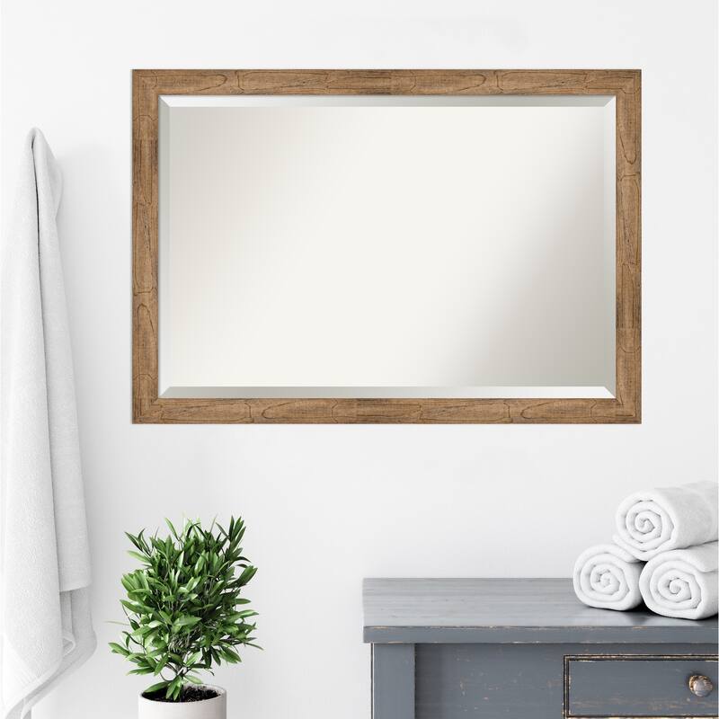 Beveled Wood Bathroom Wall Mirror - Owl Brown Narrow Frame