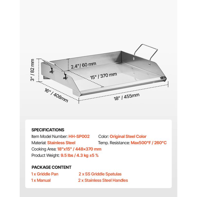 Anmytek Stainless Steel Flat Top Grill Griddle Pan 18x16 BBQ