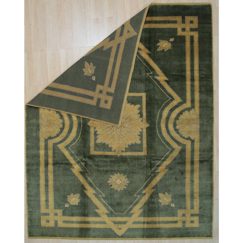 Green Handmade Wool Traditional Rug 8' x 10' - Hand Knotted Natural Dyes Soft Pile Cotton Foundation - N/A