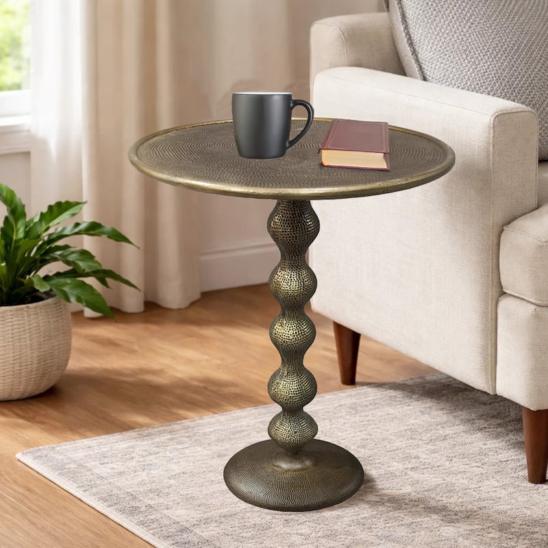 Shae 22 Inch Round Side End Table - Antique Brass Cast Aluminum with Hammered Texture For Small Places - Brass - Aluminum