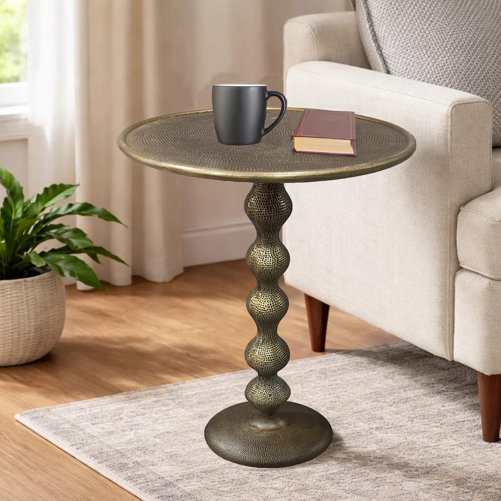 Shae 22 Inch Round Side End Table - Antique Brass Cast Aluminum with Hammered Texture For Small Places