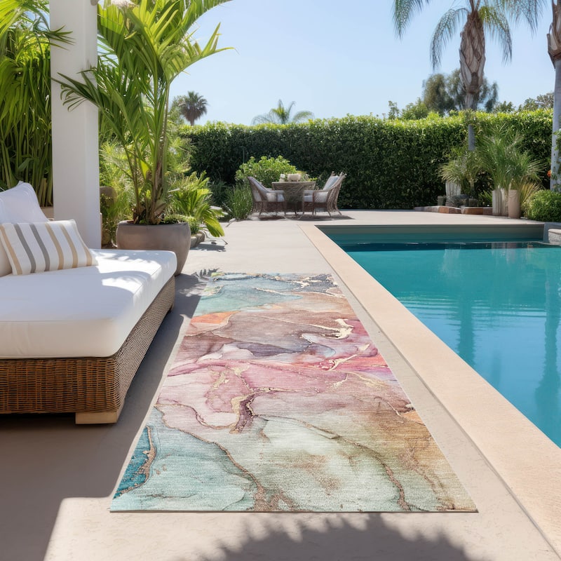 Machine Washable Indoor/ Outdoor Chantille Watercolor Rug - 2'3" x 7'6" - Blue
