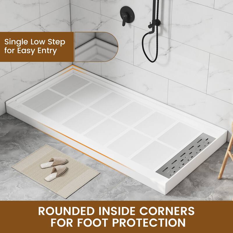 60 in. x 30 in. Elegant White Single Threshold Anti-slip SMC Rectangular Shower Base with Drain and Stainless Steel Drain Cover