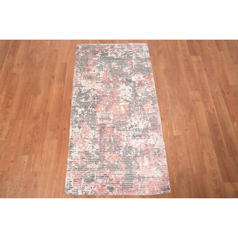 Hand Knotted Oriental Viscose Silk Carpet Modern Abstract Oranges & Rust Abstract Area Rug - 4' 0'' X 2' 0''