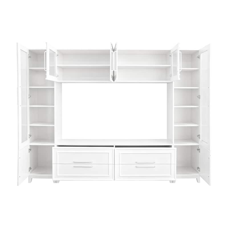 102" W Entertainment Unit TV Stand for TVs up to 75", Wall Unit Entertainment Center with Glass Cabinets