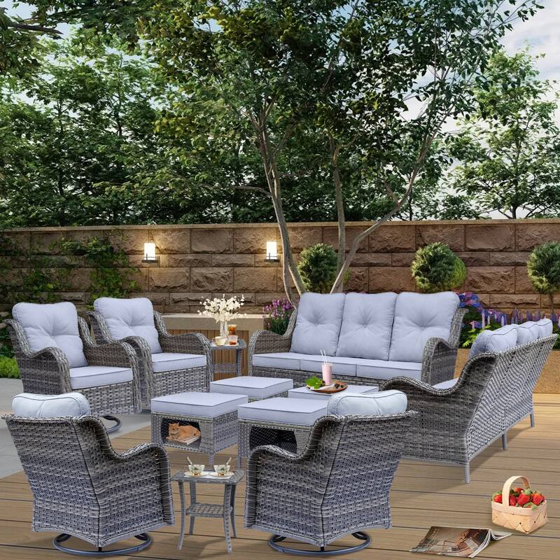 Gray Wicker 12-piece Outdoor Patio Conversation Sets with Swivel Chair
