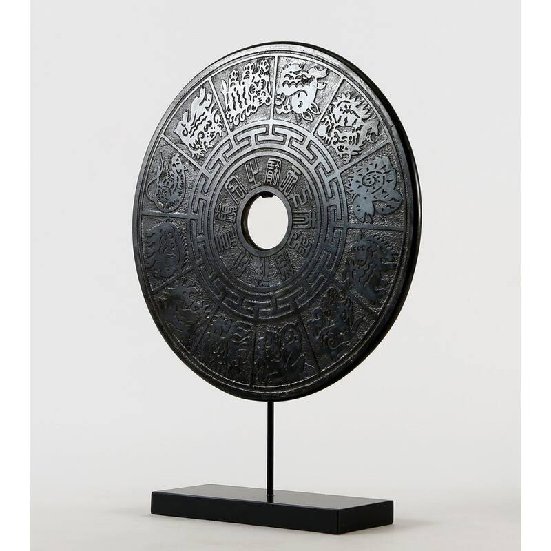 Artissance Marble Disk with 12 Zodiac Symbols, 20 Inch Tall, Black