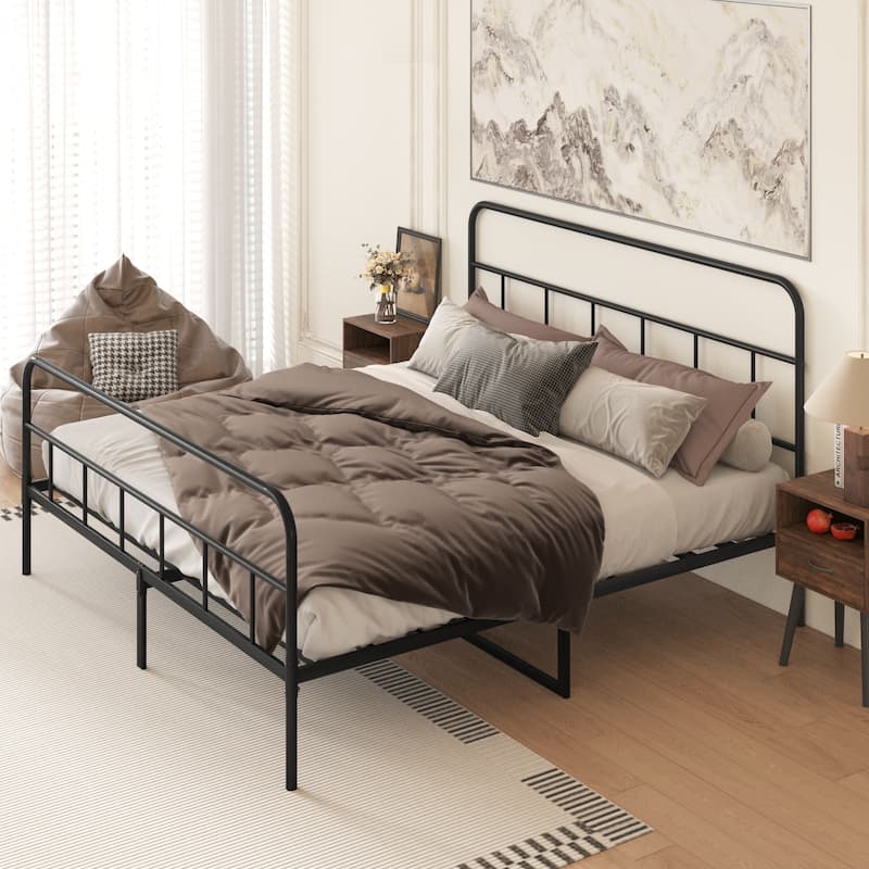 Metal Platform Bed with Wave Shape Wooden Headboard