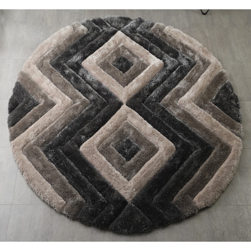 Mateos Shag Collection Geometric Area Rug - 7' Round - Grey