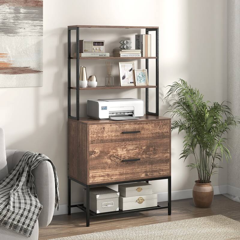 Gymax File Cabinet w/ Charging Station 3-Tier Open Shelves & Large