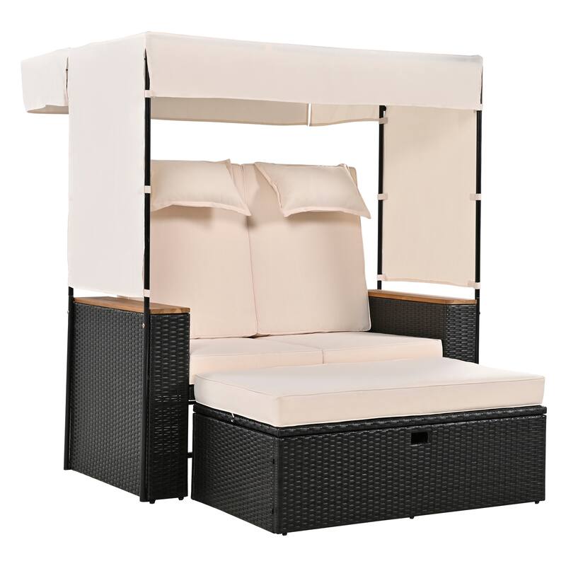 2-Piece Outdoor Rattan 5 Positions Daybed with Bench & Cushions