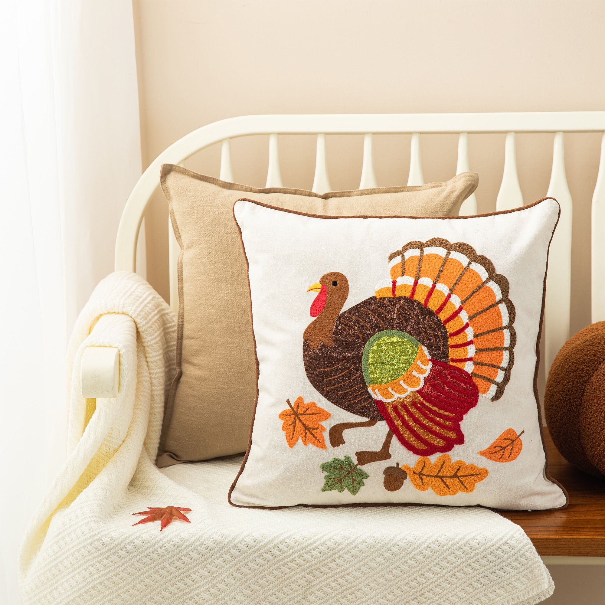 Glitzhome Farmhouse Thanksgiving Harvest Turkey Embroidered Pillow or Pillow Cover On Sale Bed Bath Beyond 23111679