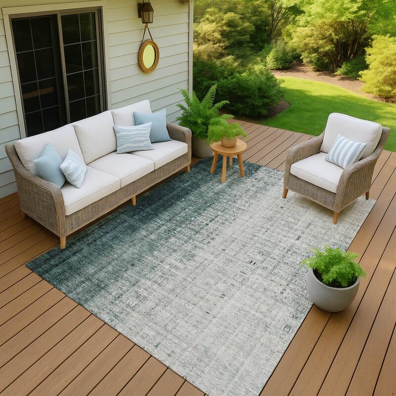 Machine Washable Indoor/ Outdoor Contemporary Ombre Chantille Rug - Teal - 10' x 14'