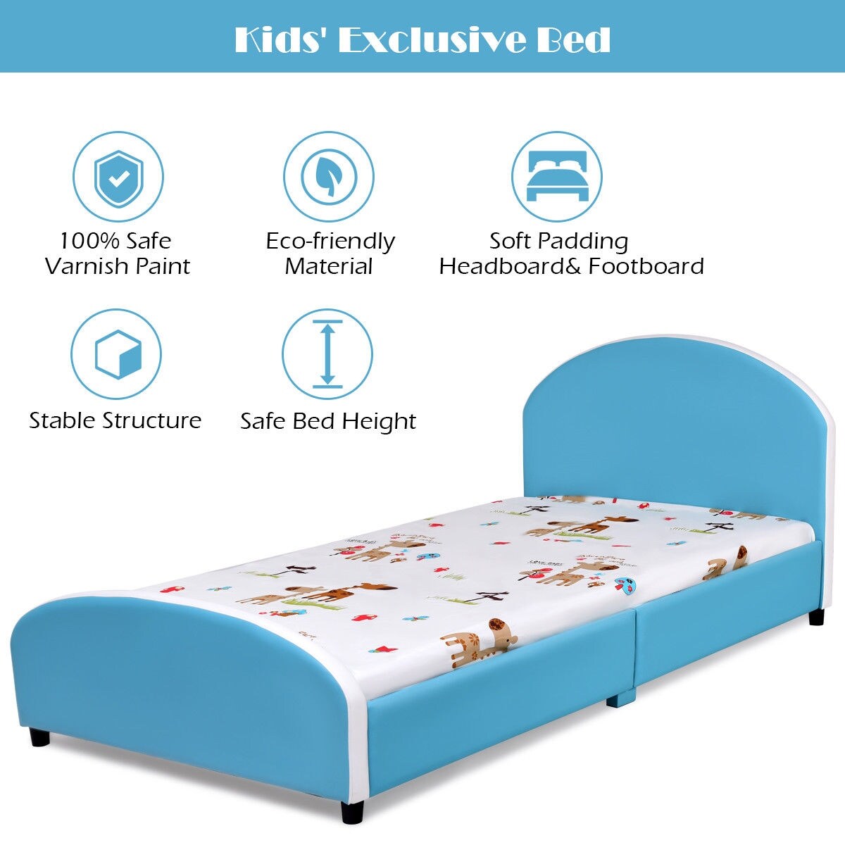 Costway Kids Children Pu Upholstered Platform Wooden Bed Bedroom Furniture Blue Overstock 23081806