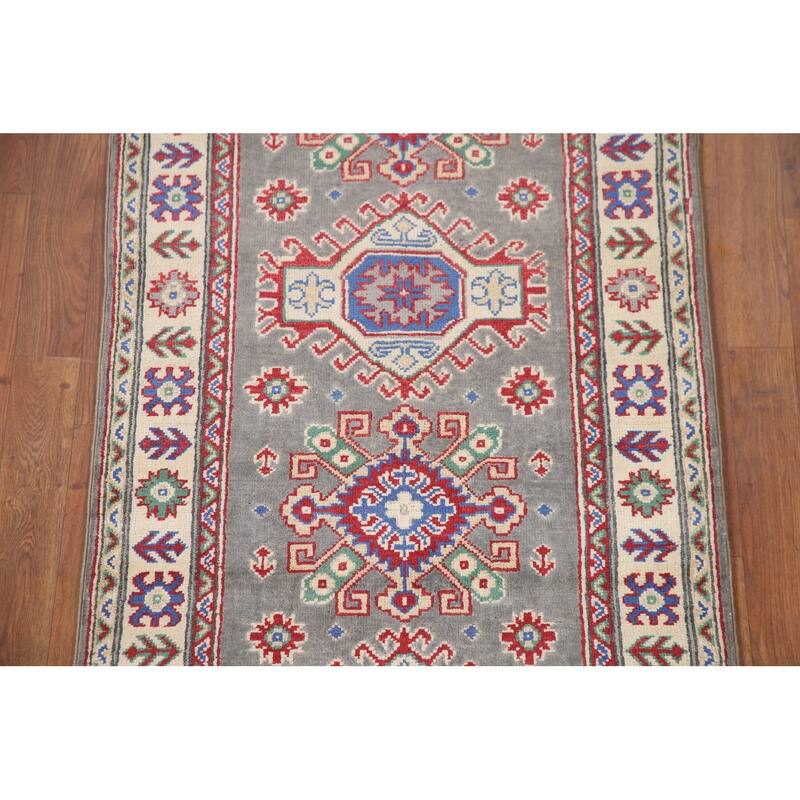 Hand Knotted Oriental 100% Wool Carpet Traditional Geometric Greys & Charcoal Kazak Runner Rug - 6' 7'' X 2' 7''
