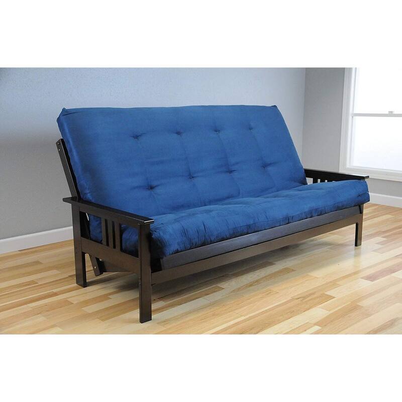85 in. Espresso/Suede Navy Polyester Upholstered Queen Size Futon Set with Mattress