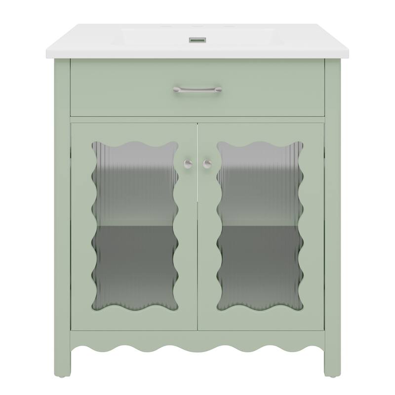 31" Bathroom Vanity with Tempered Glass, Modern Bathroom Cabinet with Rubber Wood legs and Soft close Doors, White