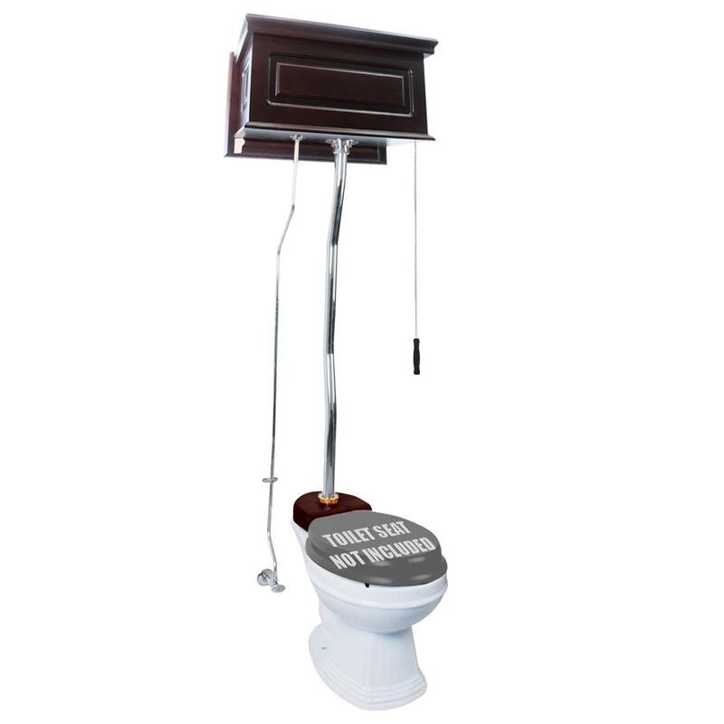 High Tank Toilet - Dark Oak Wooden Raised Tank, White Elongated Bowl and Chrome Z Pipe Renovators Supply