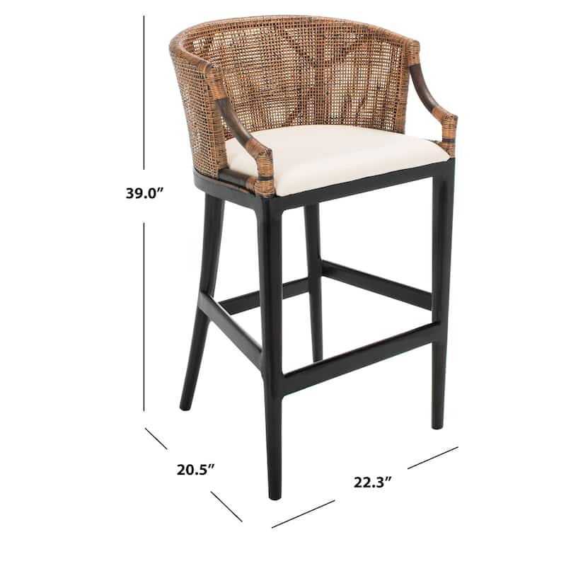 SAFAVIEH Brando Solid Wood Rattan 30-inch Seat Height Bar Stool (Fully Assembled) - 22.3" W x 20.5" L x 39" H