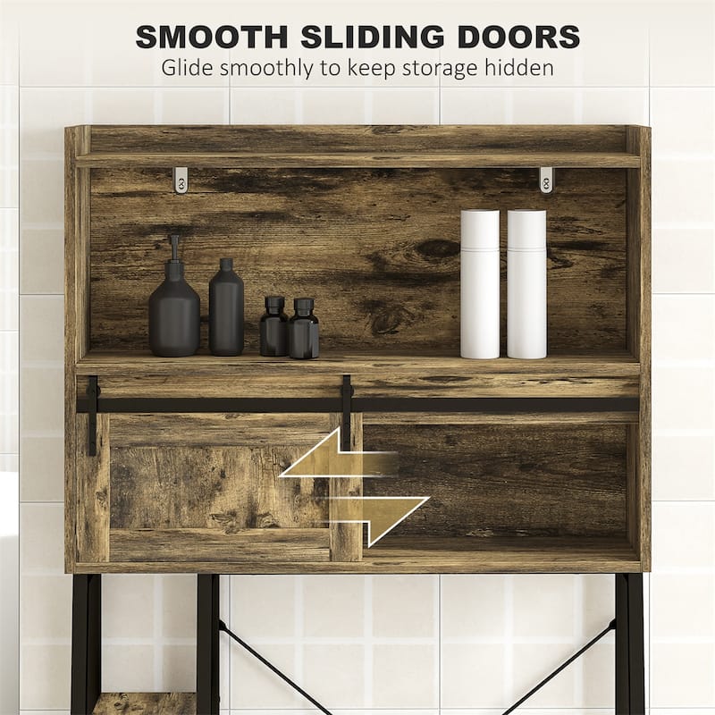Bathroom Organizer Tower Over Toilet with Multiple Compartments and Sliding Door Storage - 31.5" W x 11.8" D x 60.6" H