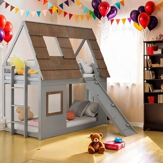 Twin Size Wood House Bunk Bed with Window Roof Shape Design and Ladder and Climbing Ramp For Home