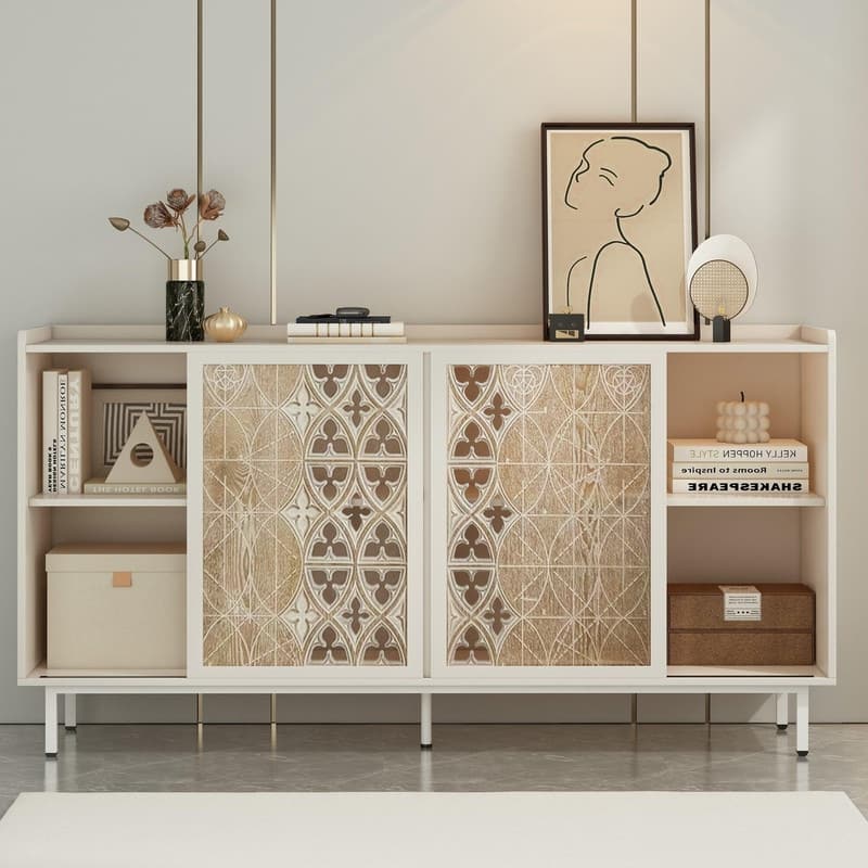 Vintage 58.6" Buffet Storage Cabinet with Two Siliding Doors Perfect for TV Stand or Accent Cabinet Use - White
