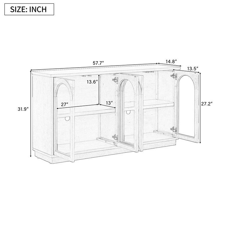 Spruce & Spring 4-Door Large Storage Buffet Cabinet with Glass Doors