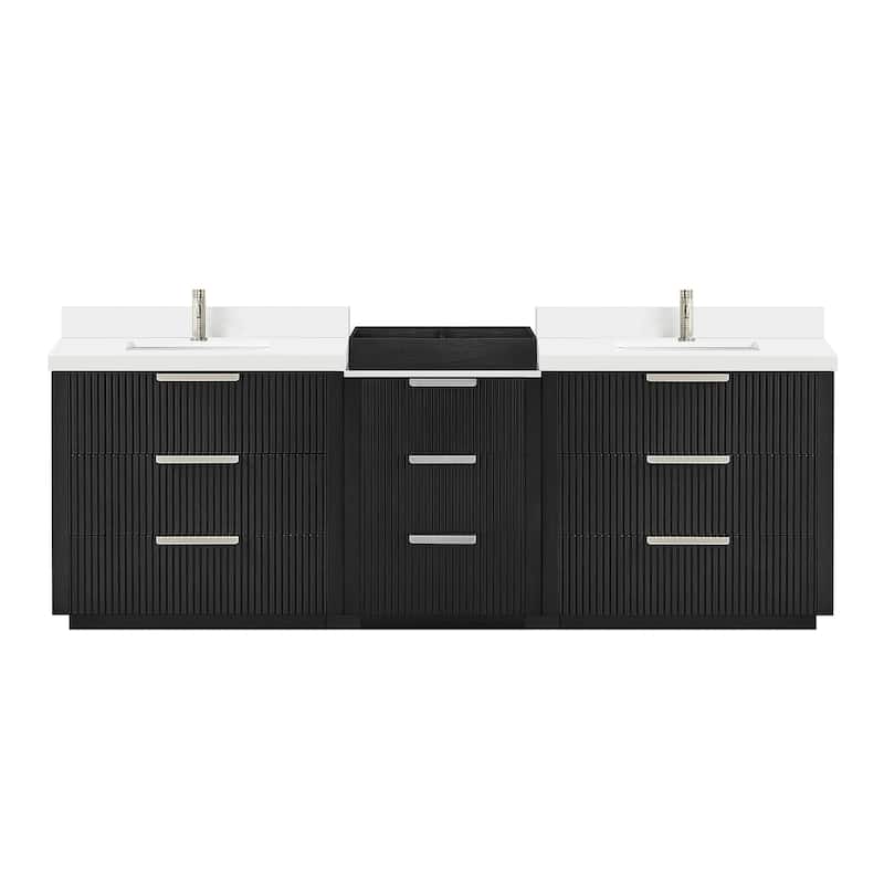Santarem Double Vanity with Pure White Quartz Stone Top without Mirror - 96" - Oak Weathered Black