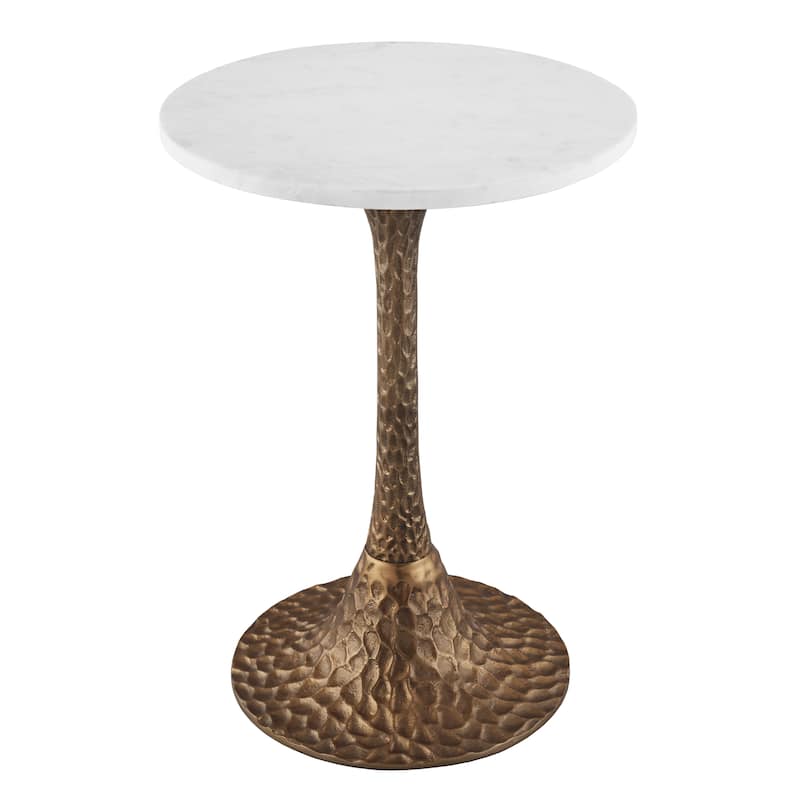 Tyler 20.5 Inch Accent Side Table Round White Marble Top, Antique Brass, Hammered Pedestal Base