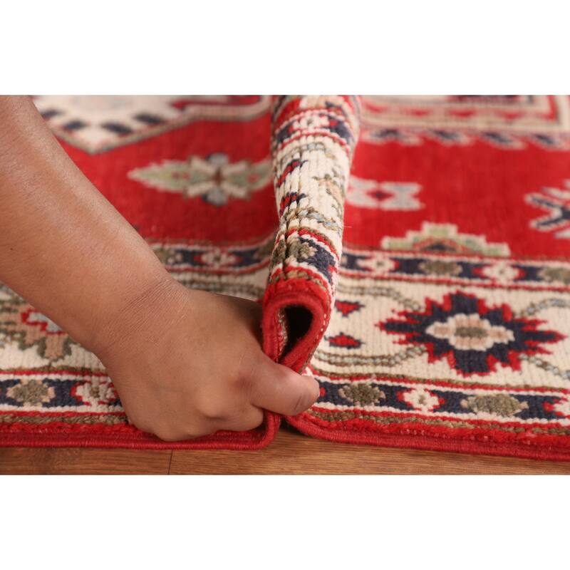 Red Geometric Kazak Oriental Foyer Rug Handmade Accent Wool Carpet - 3'3" x 5'9"