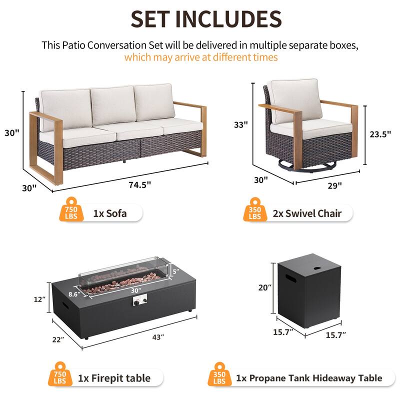 Pocassy Outdoor Sofa Swivel Chair Ottoman w/ 43" Fire Pit Set