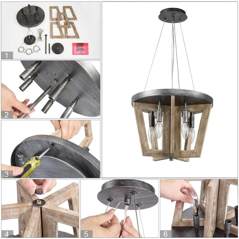 Kiria Rustic Farmhouse 5-light Wood Chandelier Semi-flush Mount Handcrafted Ceiling Lights - L 14.2" x W 14.2 "x H 14.4"