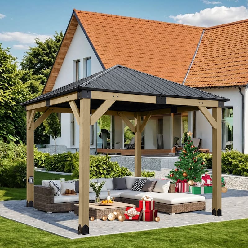 Aoodor 10 x 10 ft Wooden Frame Gazebo with 2-Tier Galvanized Metal Hardtop Roof, Outdoor Patio Gazebo with Charging Socket - 10'x10'