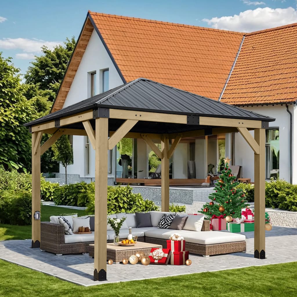 Aoodor 10 x 10 ft Wooden Frame Gazebo with 2-Tier Galvanized Metal Hardtop Roof, Outdoor Patio Gazebo with Charging Socket