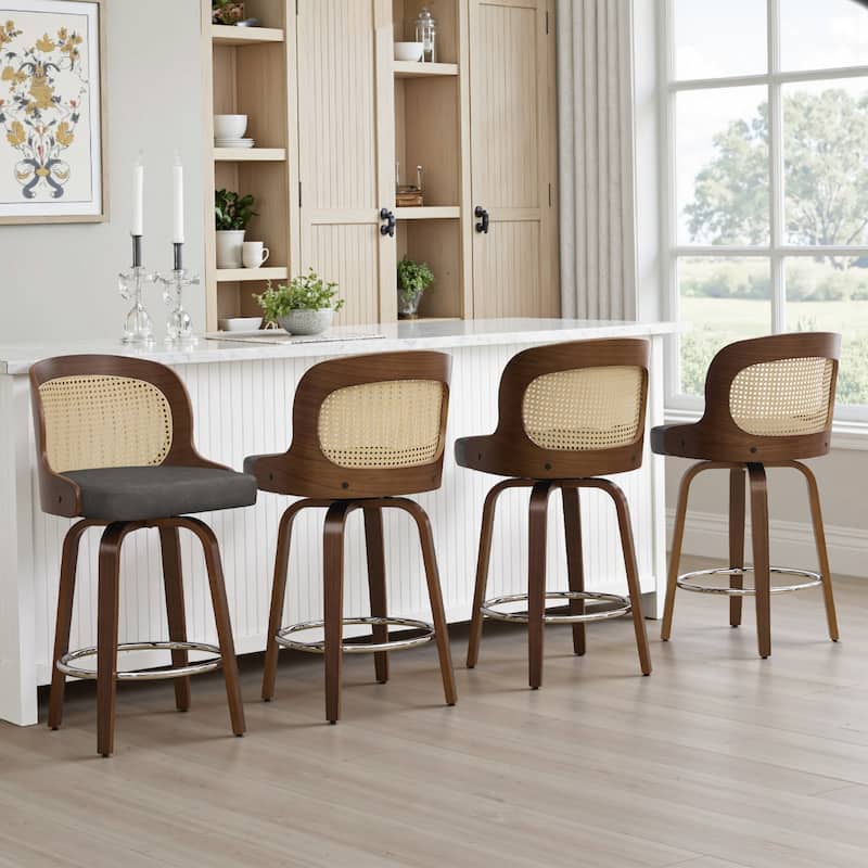 26" Upholstered Swivel Counter & Bar Stool with Rattan Back - 37.4"H x 19.09"W x 19.88"D - Set of 4 - Grey