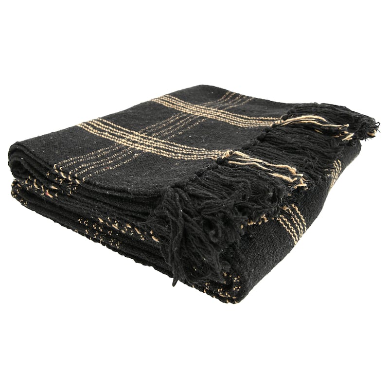 Plaid Black & Tan Fringed Woven Cotton Blend Throw