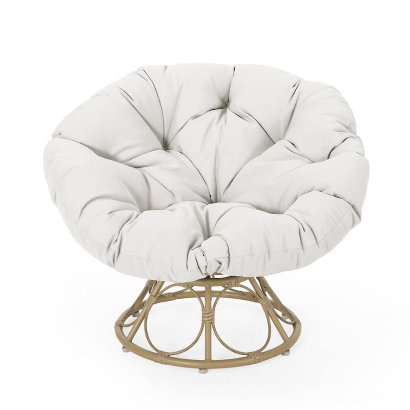 Leos Swivel Outdoor Chair, Soft Gray Polyester Cushion, Brown Rattan