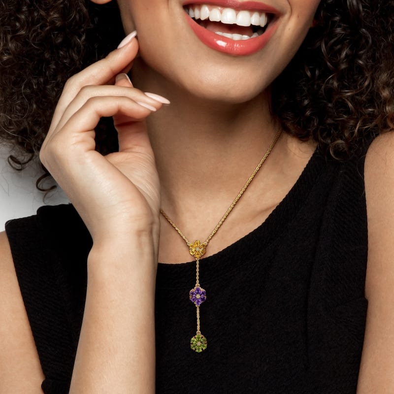 Miadora 2 5/8ct TGW Amethyst, Citrine, Peridot White Topaz Flower Lariat Necklace in Yellow Silver