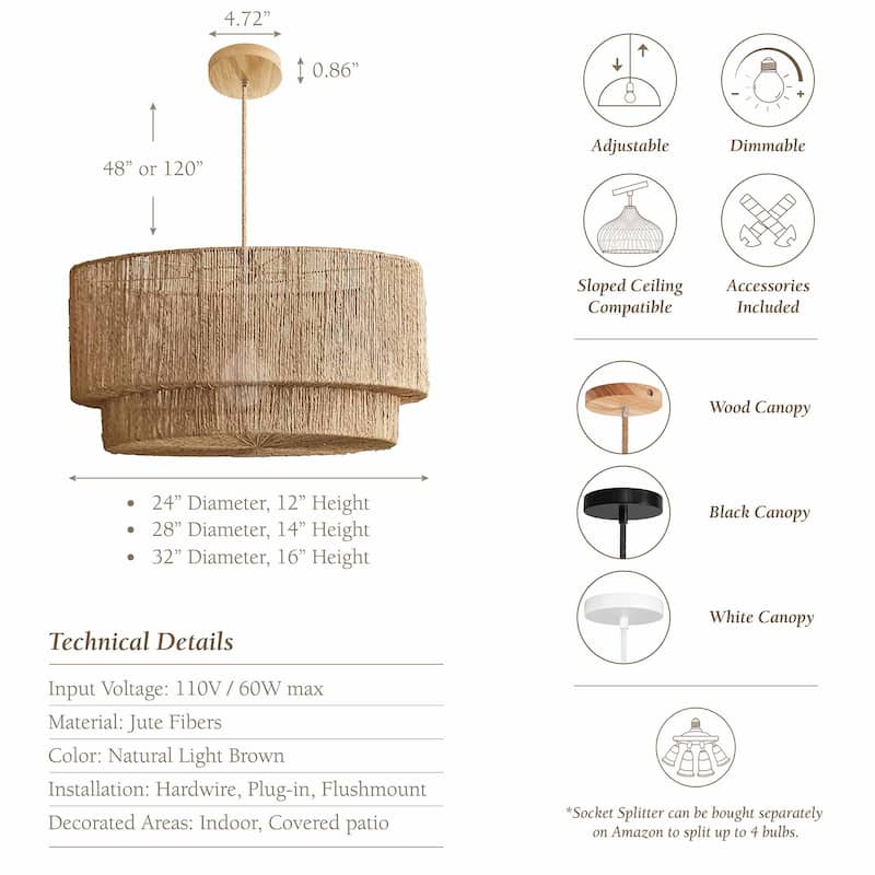 Luminous Rattan Pendant Light - Natural Drum Handwoven Light Fixture For Modern, Transitional, Farmhouse, Boho Room Décor.