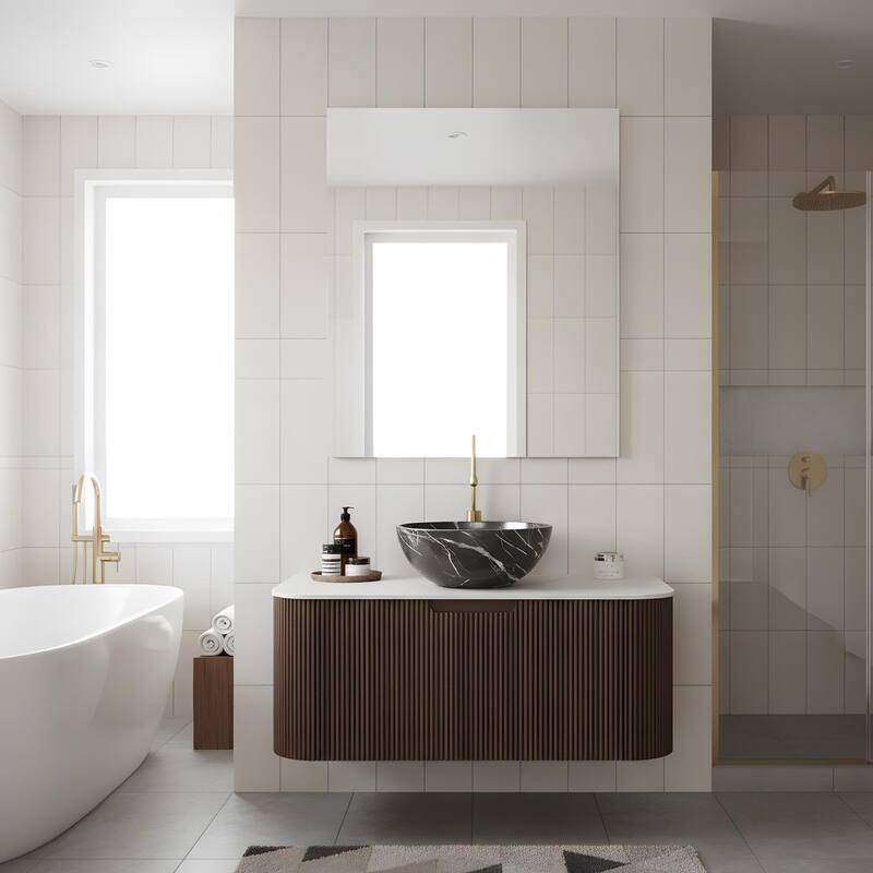 Wall Mounted Bathroom Vanity with Black Bowl Ceramic Basin - 36 - Dark Walnut