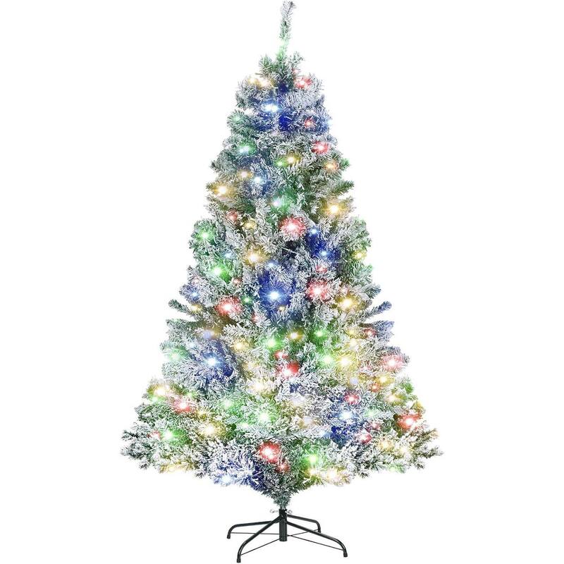 6.5Ft Snow Flocked Pre-Lit Xmas Christmas Tree with Multi-Color Lights - 6.5 ft - White