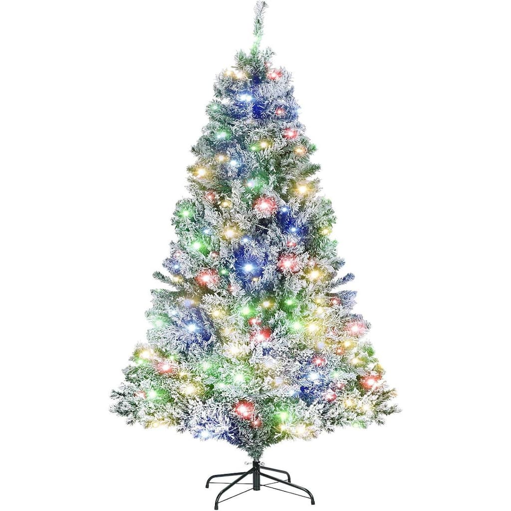 6.5Ft Snow Flocked Pre-Lit Xmas Christmas Tree with Multi-Color Lights - 6.5 ft